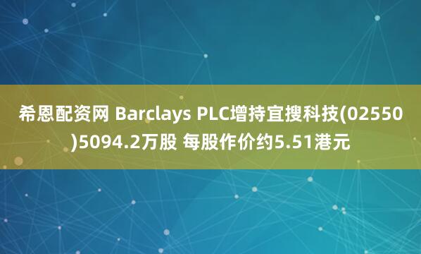 希恩配资网 Barclays PLC增持宜搜科技(02550)5094.2万股 每股作价约5.51港元